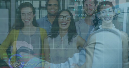 Watching seven colleagues in business attire engaging in presentation at office with charts overlay