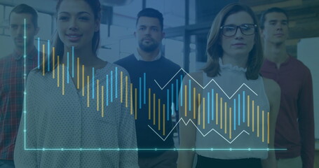 Team of five business professionals analyzing data in office lobby, with translucent chart overlay