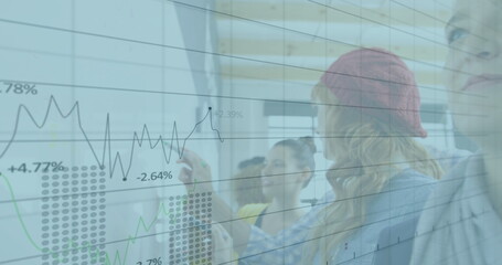 Analyzing team reviewing financial data on glass board in office with dry-erase markers, line graph