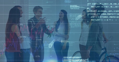 Gesturing team members discussing financial code overlays in office, with bicycle and bouquet