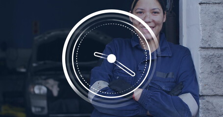 Mechanic in gloves leaning on garage wall, with sedan showing engine and gauge overlay, copy space