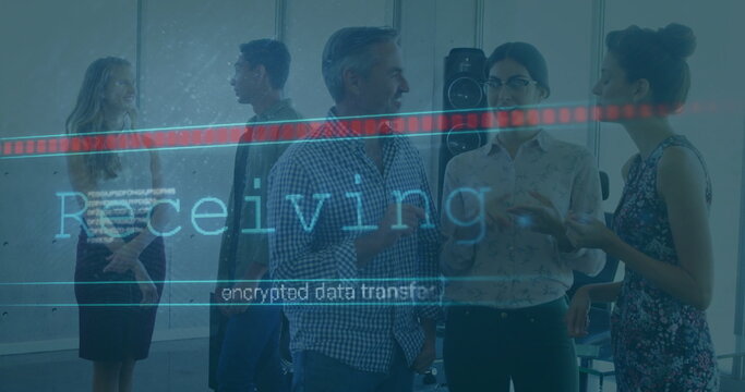 Discussing team of five exchanging data in tech office, with server rack and holographic overlay