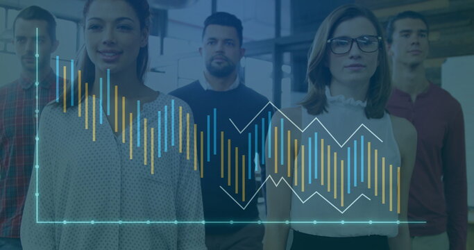 Team of five business professionals analyzing data in office lobby, with translucent chart overlay