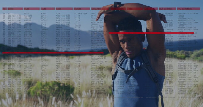 Stretching runner in sleeveless top and backpack in grass field with digital scan bars, copy space - Powered by Adobe