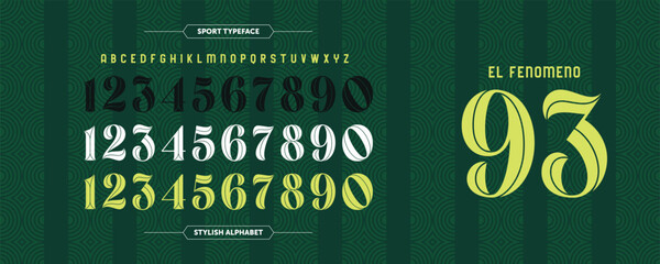 El Fenomeno 93: a retro sports jersey font inspired by green stripes and gold-white inline style. Features numbers and letters in Brazilian-style design. Perfect for football posters and uniform layo