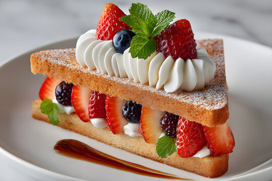 mixed fruit sando sandwich white bread with strawberries, kiwi, blue berry, orange and whipped cream. on white plate.  Japanese sweet bakery. aesthetic minimal food photo.