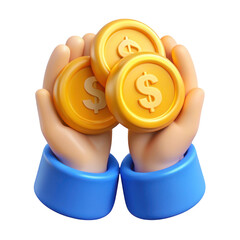 3d hands holding gold coins isolated on transparent background