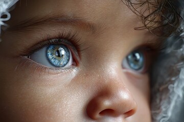 Naklejka premium Captivating close-up of a child's blue eyes displaying wonder and curiosity