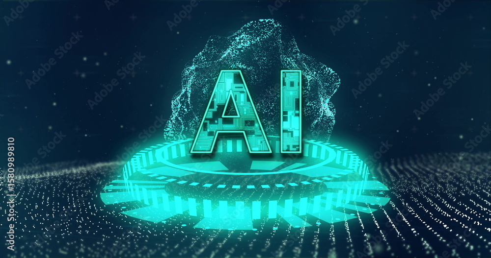 Poster rotating teal ai letters floating over illuminated grid on circuit platform, with particle cloud