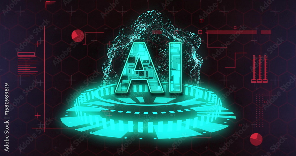 Poster glowing 3d ai letters emerging from holographic platform in hex grid interface, with particle wave