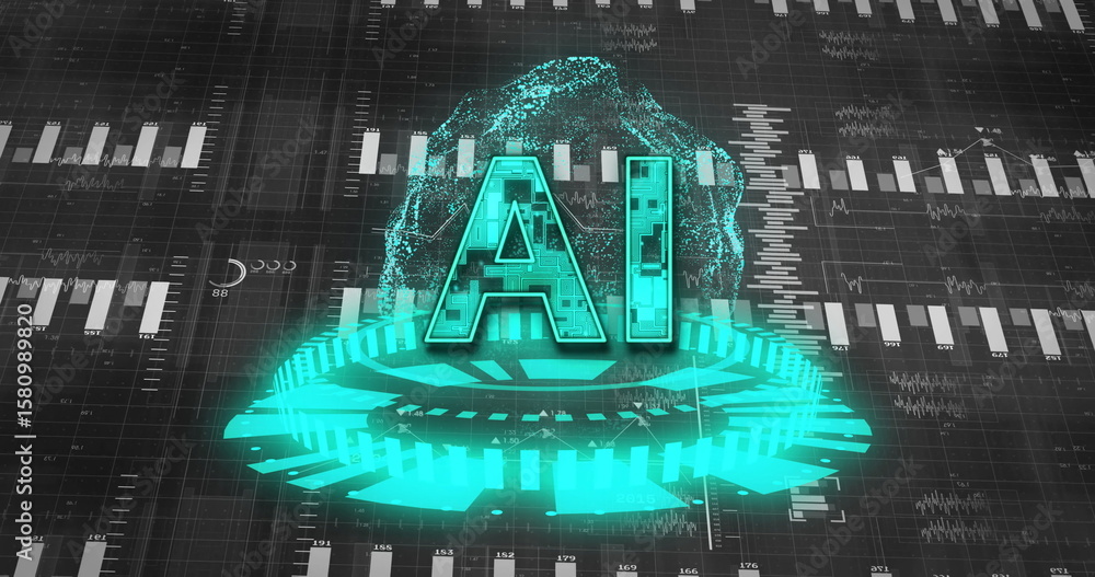 Poster floating glowing 3d 'ai' above platform in dashboard, showing wireframe sphere, charts and labels