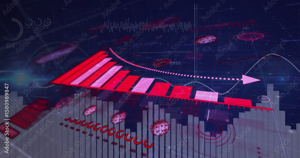 Poster presenting 3d red downward bar chart with dotted trend arrow over grid interface, with virus icons