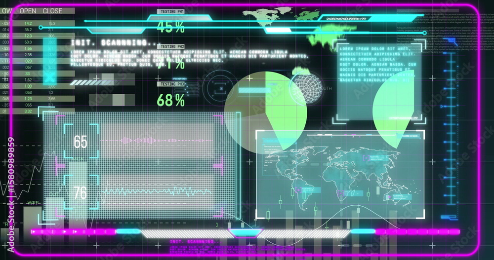 Poster displaying futuristic data dashboard showing neon progress bars pie charts waveform world map in ui