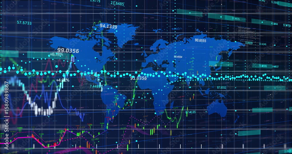 Poster displaying blue world map overlaying trading screen, with candlestick bars and line graphs