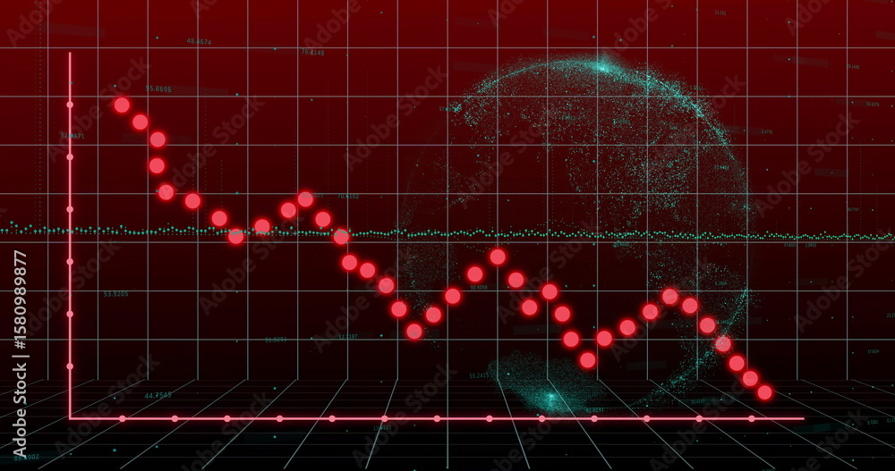 Poster falling red plot line with markers sliding across 3d grid, with aqua line and digital globe
