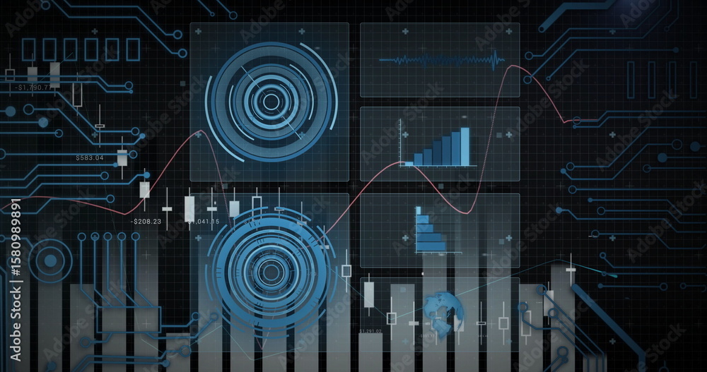 Poster central data dashboard displaying charts in control interface, with hud dials and pink line graph