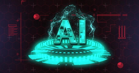 Glowing 3D AI letters emerging from holographic platform in hex grid interface, with particle wave