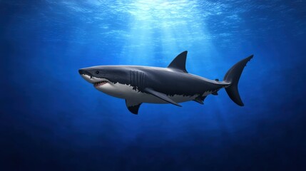 Fototapeta premium A Realistic Great White Shark Swimming Gracefully Underwater in a Blue Ocean with Light Rays Shining Through the Surface