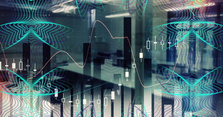 Displaying financial data overlays floating over office space, showing candlestick and bar graphs