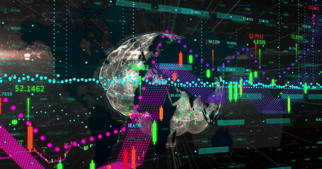 Displaying clear 3D Earth globe floating over dark data grid, showing candlesticks and trend lines