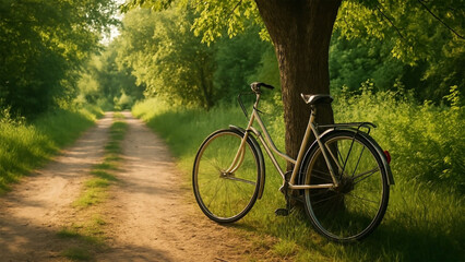 Fototapeta premium Serene Summer Cycling: Vintage Bicycle on Rustic Path, Lush Green Foliage