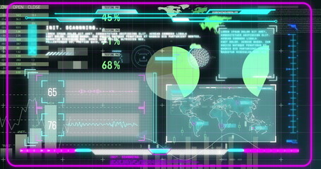 Displaying futuristic data dashboard showing neon progress bars pie charts waveform world map in UI