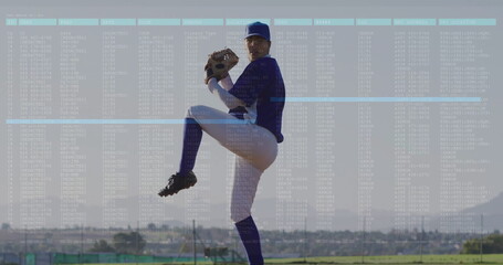 Pitching pitcher wearing jersey holding glove and ball on pitchers mound, with fence and bleachers © vectorfusionart