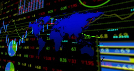 Displaying blue world map silhouette overlaying market data on dashboard, with colored line graphs