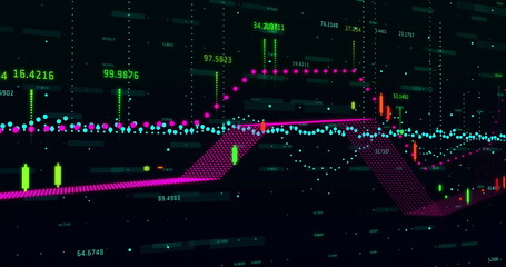 Displaying neon data chart on dark grid dashboard with magenta nodes cyan line green orange bars