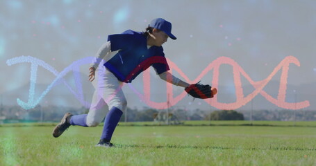 Lunging baseball player in blue jersey catching ball in outfield, with glove and DNA helix graphic