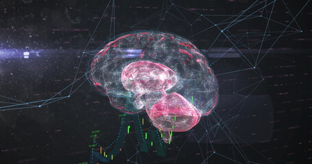 Floating holographic brain model glowing against dark grid, with network mesh and financial charts