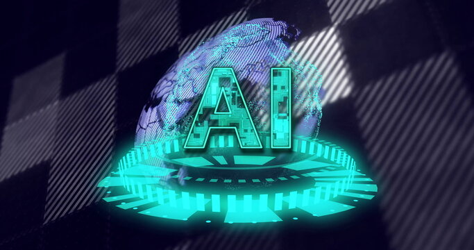 Glowing circuit-style AI letters resting on hologram platform in virtual space, with digital globe