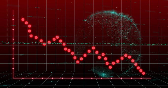 Falling red plot line with markers sliding across 3D grid, with aqua line and digital globe