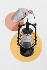 Composite artwork 3D photo collage trend of hand hold ancient retro vintage light fire oil glass...