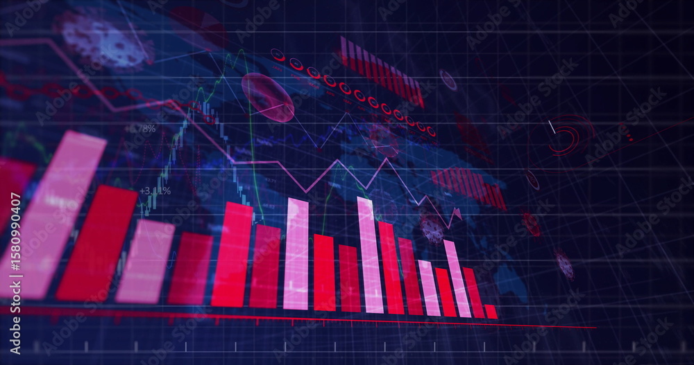 Poster displaying neon red and pink bar chart in virtual data dashboard, with floating virus icons
