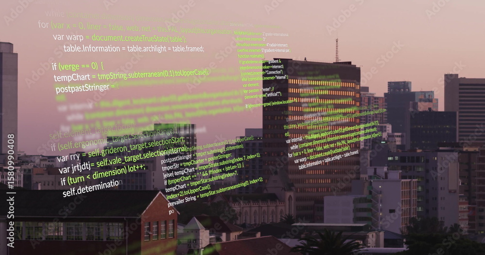 Poster sliding semi-transparent javascript code overlay across rooftop skyline at dusk with office towers