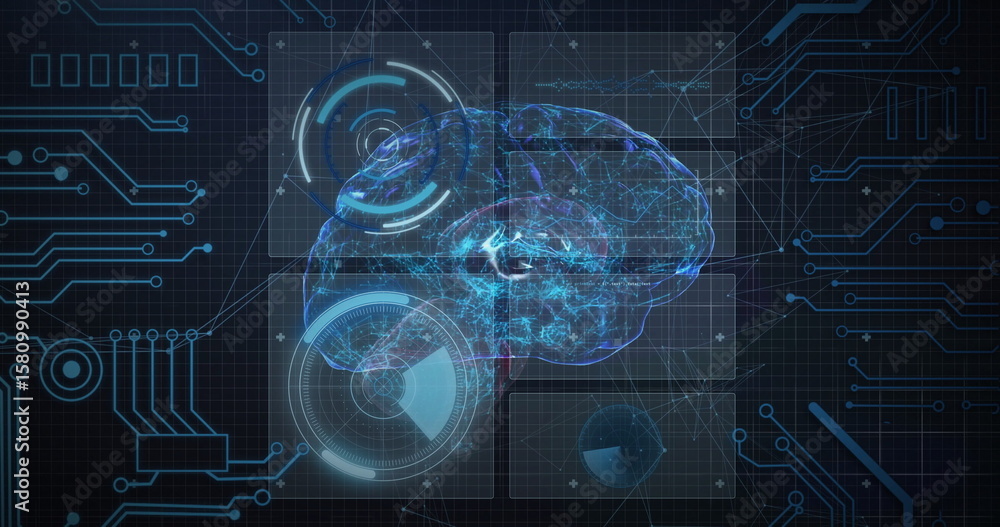 Poster projecting holographic brain model hovering over grid control panel, with hud graphics and traces