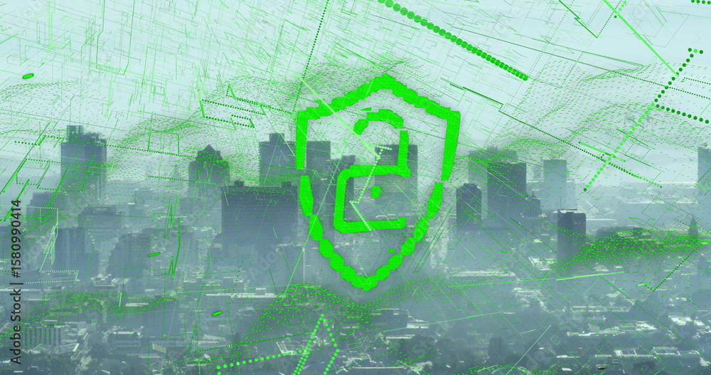 Poster hovering green pixelated shield icon with stylized 2 above hazy urban skyline, neon network overlay