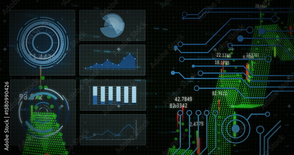 Poster displaying biometric hud overlaying screen grid with circular targets, graphs and fingerprints