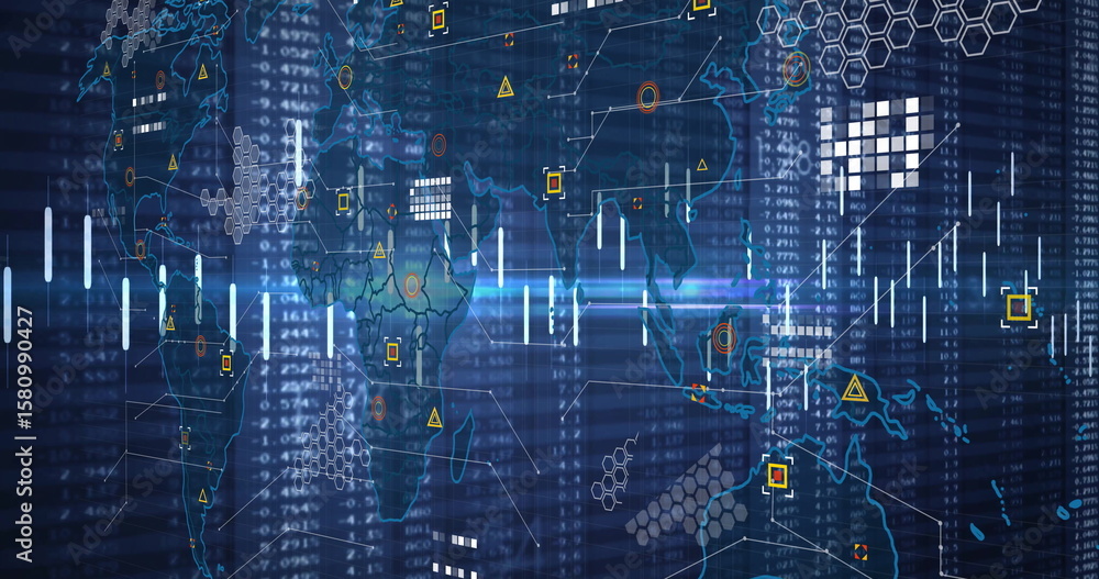 Poster displaying stylized digital world map in abstract data display, with hex grid and candlestick bars
