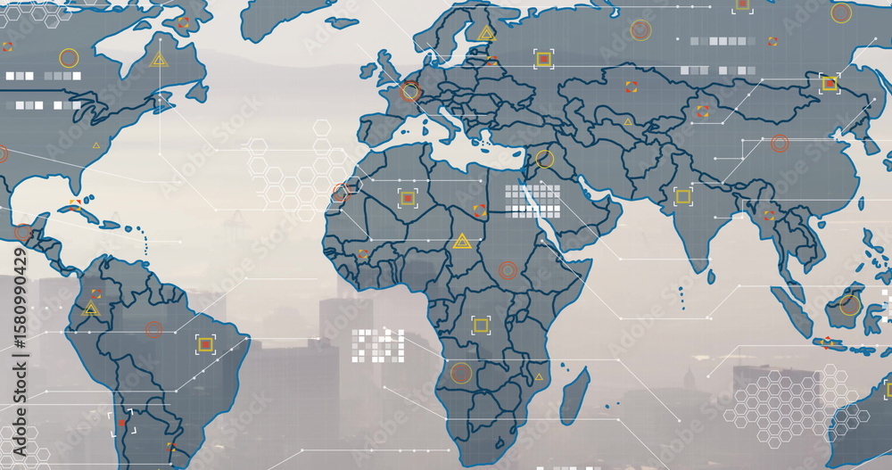 Poster displaying digital world map over hazy skyline, with continent outlines, icons and hexagonal grid