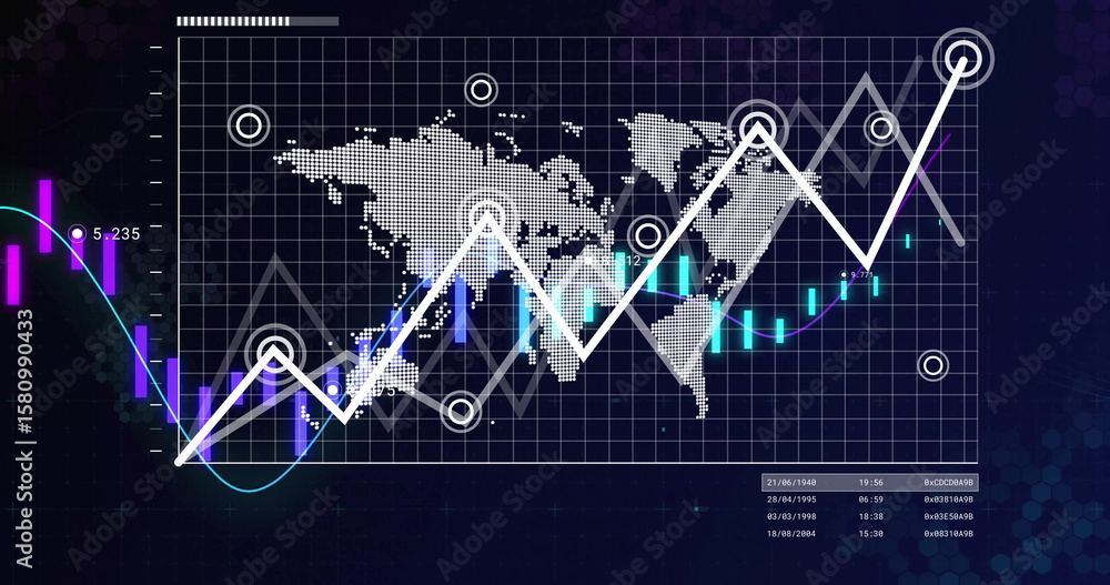 Poster displaying dashboard showing zigzag chart on world map, on dark-themed interface with bar charts
