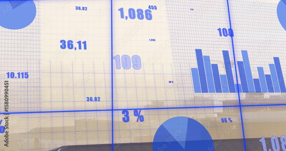 Poster displaying digital dashboard in office, with bar chart, pie segments, grid lines and data labels