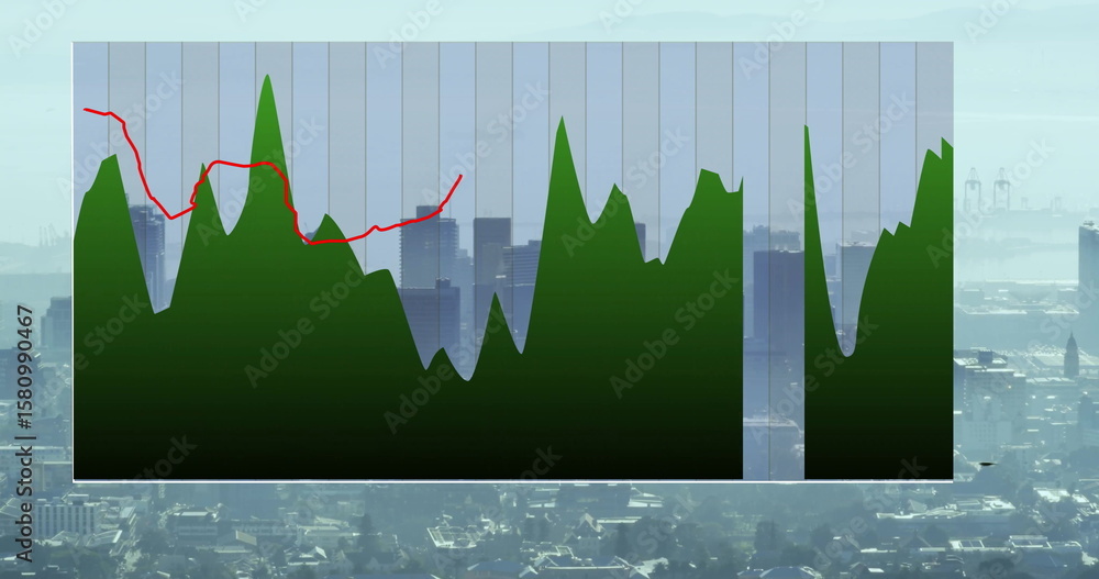 Poster displaying green area chart moving over urban skyline, with red trend line and vertical grid lines
