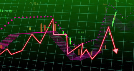 showing pink zigzag connecting price points on trading screen, dotted purple line and red arrow