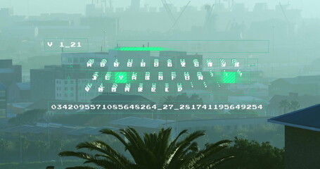 Floating green data overlay hovering over containers in industrial area with palm fronds and cranes