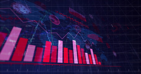 Displaying neon red and pink bar chart in virtual data dashboard, with floating virus icons
