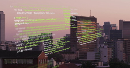 Sliding semi-transparent JavaScript code overlay across rooftop skyline at dusk with office towers