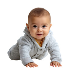 Crawling baby in a cozy gray outfit smiles joyfully on a bright background
