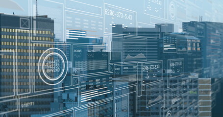 Projecting translucent data panels displaying line charts and circular gauges over urban skyline